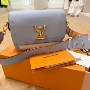 Louis Vuitton Leather Crossbody Bag LV Logo Shoulder Bag Blue Beige